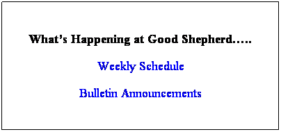 Text Box: What�s Happening at Good Shepherd�..
Weekly Schedule
Bulletin Announcements
JERUSALEM&nbsp;&nbsp; MARKETPLACE&nbsp; (VBS) 
Petting ZOO at VBS July 9th
5:30 pm - 8:30 pm 
